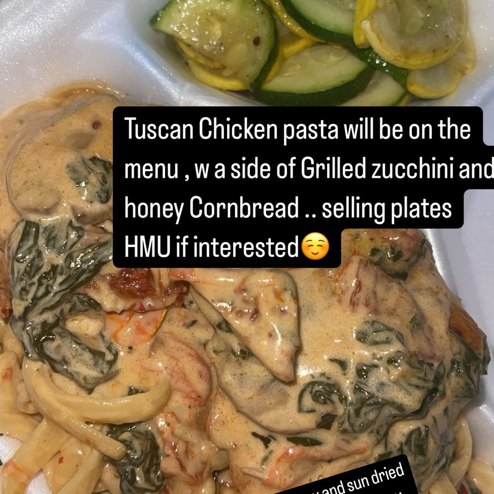 $12 Tuscan Chicken Pasta with Grilled Zucchini and Sweet Honey Cornbread